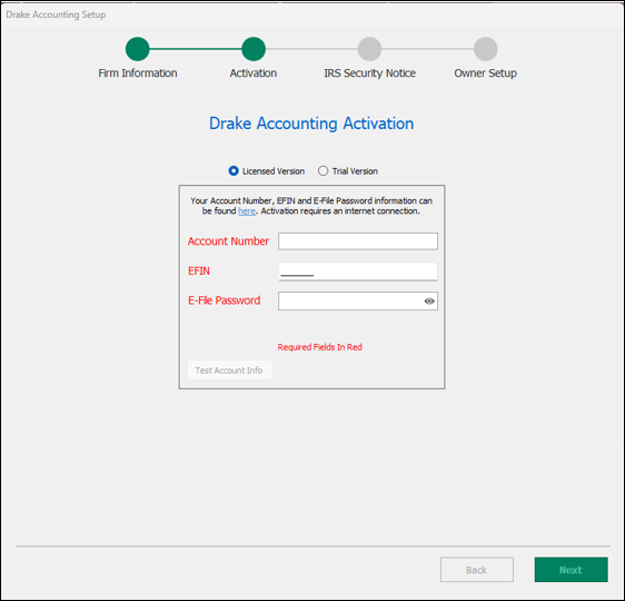 Drake Accounting Activation screen